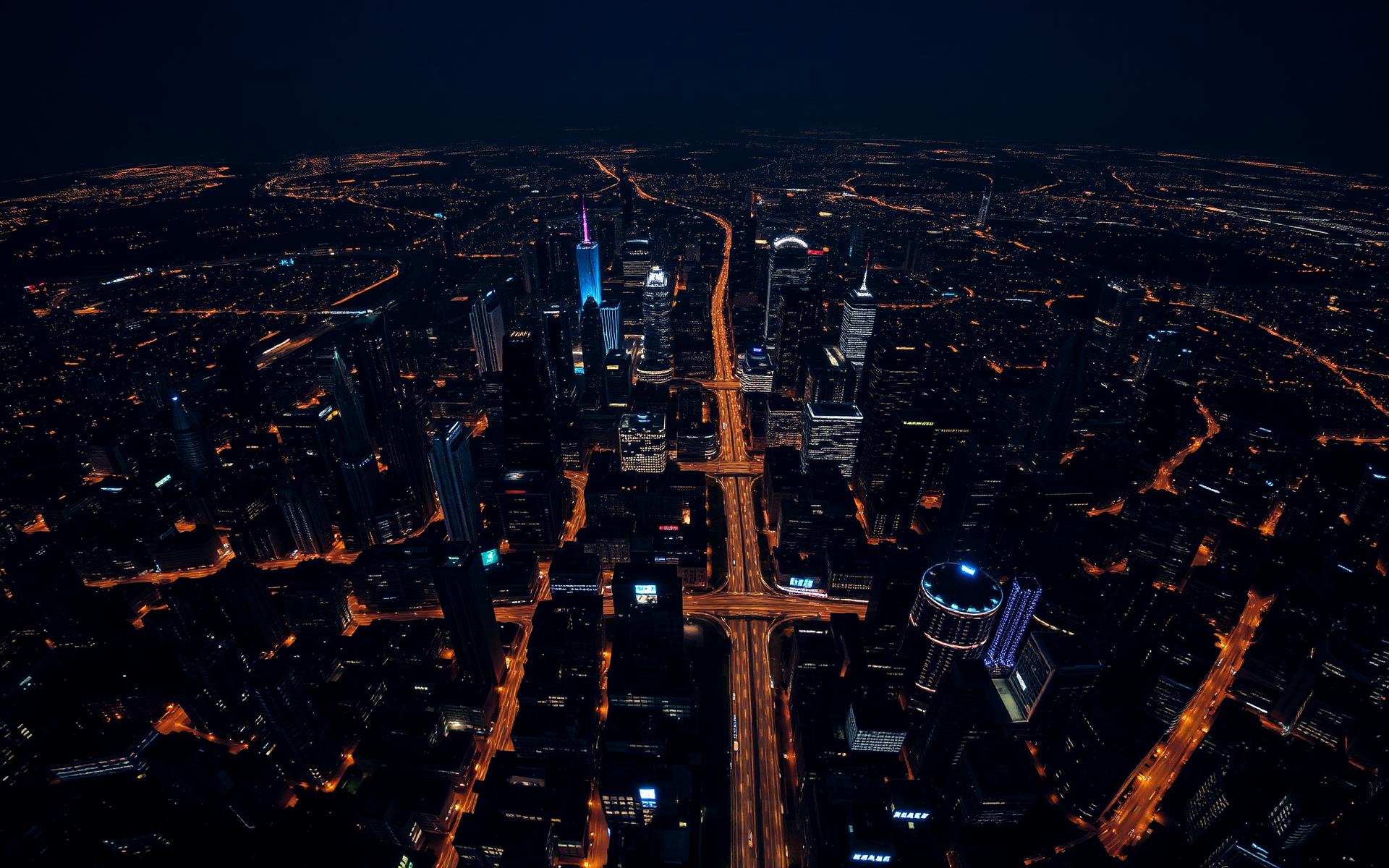 Cidade iluminada à noite vista de cima